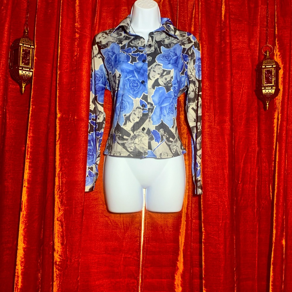 90’s vintage pinup top. Blue Rose, Marilyn Monroe and hollywood starlets. No sz